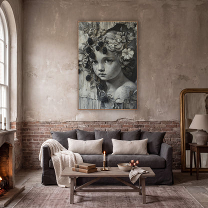 Grisaille Cherub Blackberry Vine Gothic wall art in a moody dark academia room – gray-toned cherub face with flowers