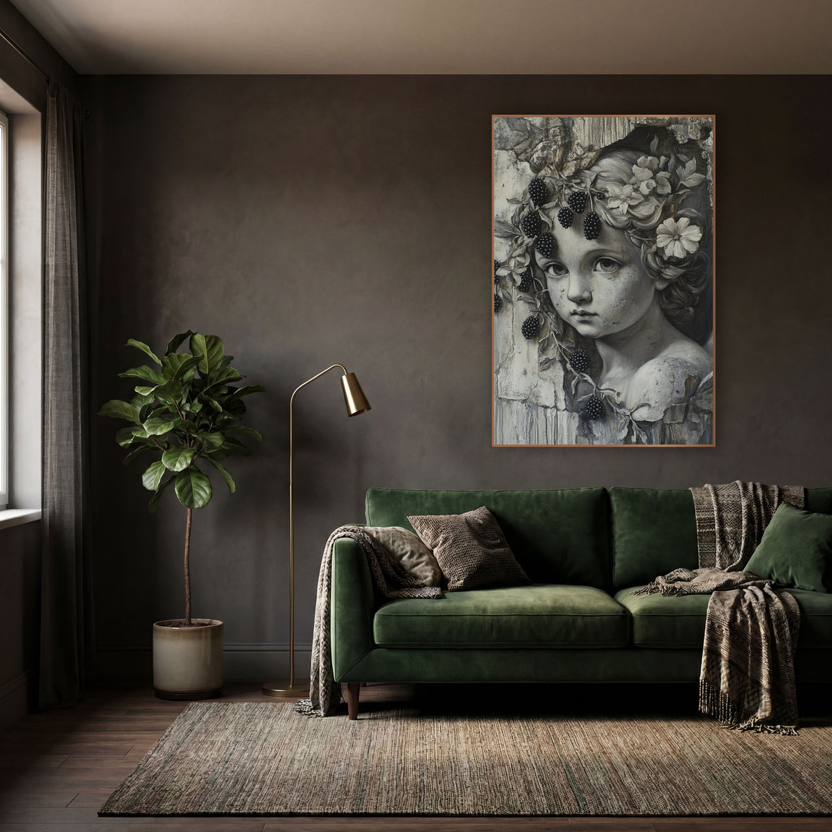 Grisaille Cherub Blackberry Vine Gothic wall art in a moody dark academia room – gray-toned cherub face with flowers