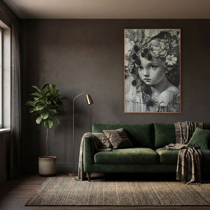 Grisaille Cherub Blackberry Vine Gothic wall art in a moody dark academia room – gray-toned cherub face with flowers