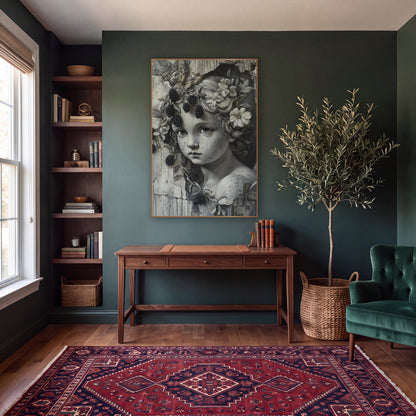 Grisaille Cherub Blackberry Vine Gothic wall art in a moody dark academia room – gray-toned cherub face with flowers