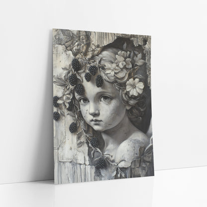 Grisaille Cherub Blackberry Vine Gothic art print leaning against a white wall – gray-toned cherub face with flowers in curly