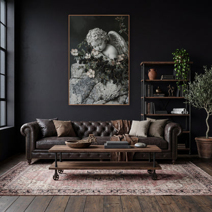 Sleeping Cherub Blackberry Vine Gothic wall art in a moody dark academia room – sleeping stone cherub with folded wing