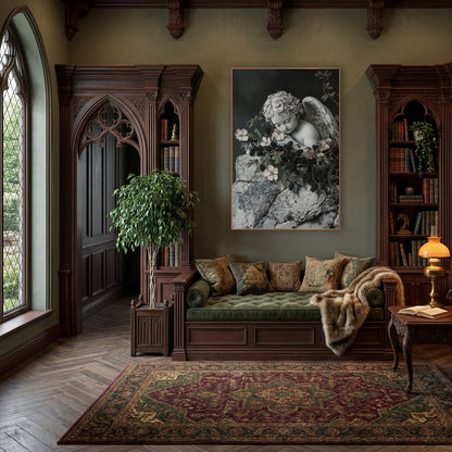 Sleeping Cherub Blackberry Vine Gothic wall art in a moody dark academia room – sleeping stone cherub with folded wing