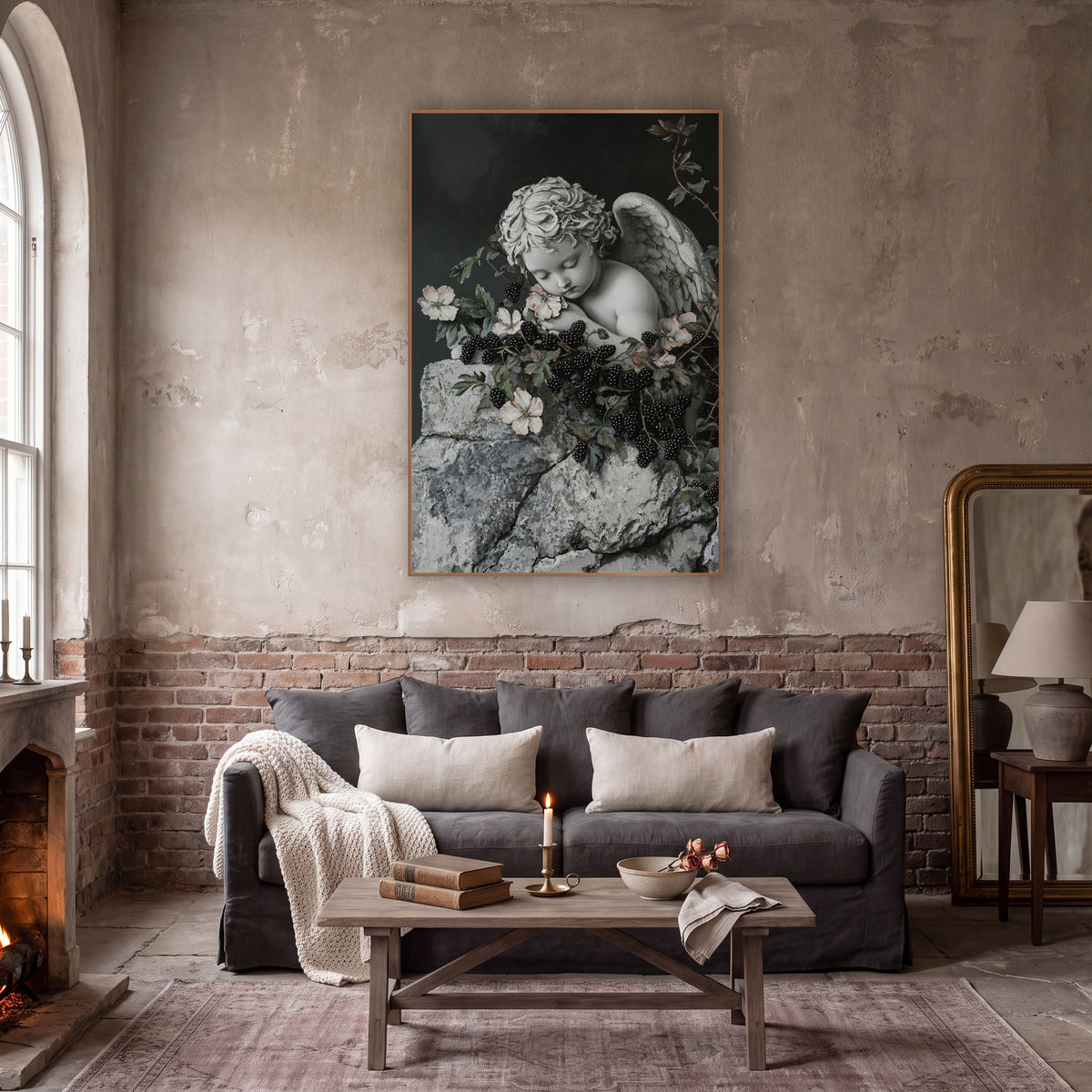 Sleeping Cherub Blackberry Vine Gothic wall art in a moody dark academia room – sleeping stone cherub with folded wing