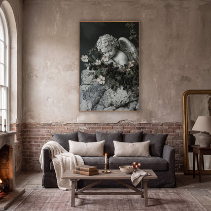 Sleeping Cherub Blackberry Vine Gothic wall art in a moody dark academia room – sleeping stone cherub with folded wing