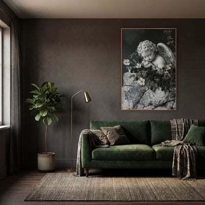 Sleeping Cherub Blackberry Vine Gothic wall art in a moody dark academia room – sleeping stone cherub with folded wing