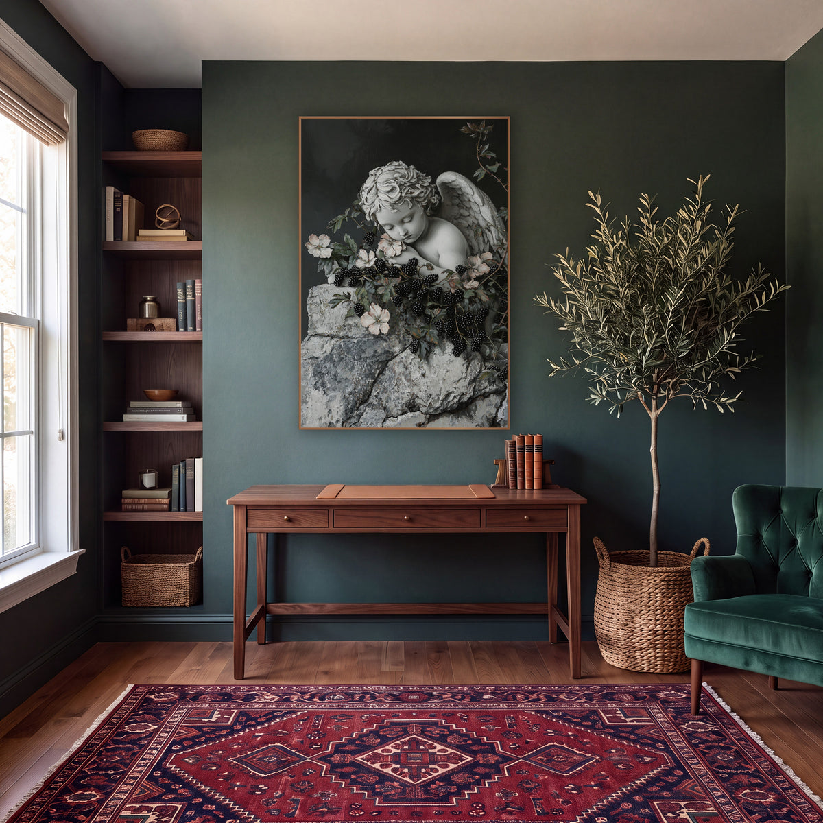Sleeping Cherub Blackberry Vine Gothic wall art in a moody dark academia room – sleeping stone cherub with folded wing