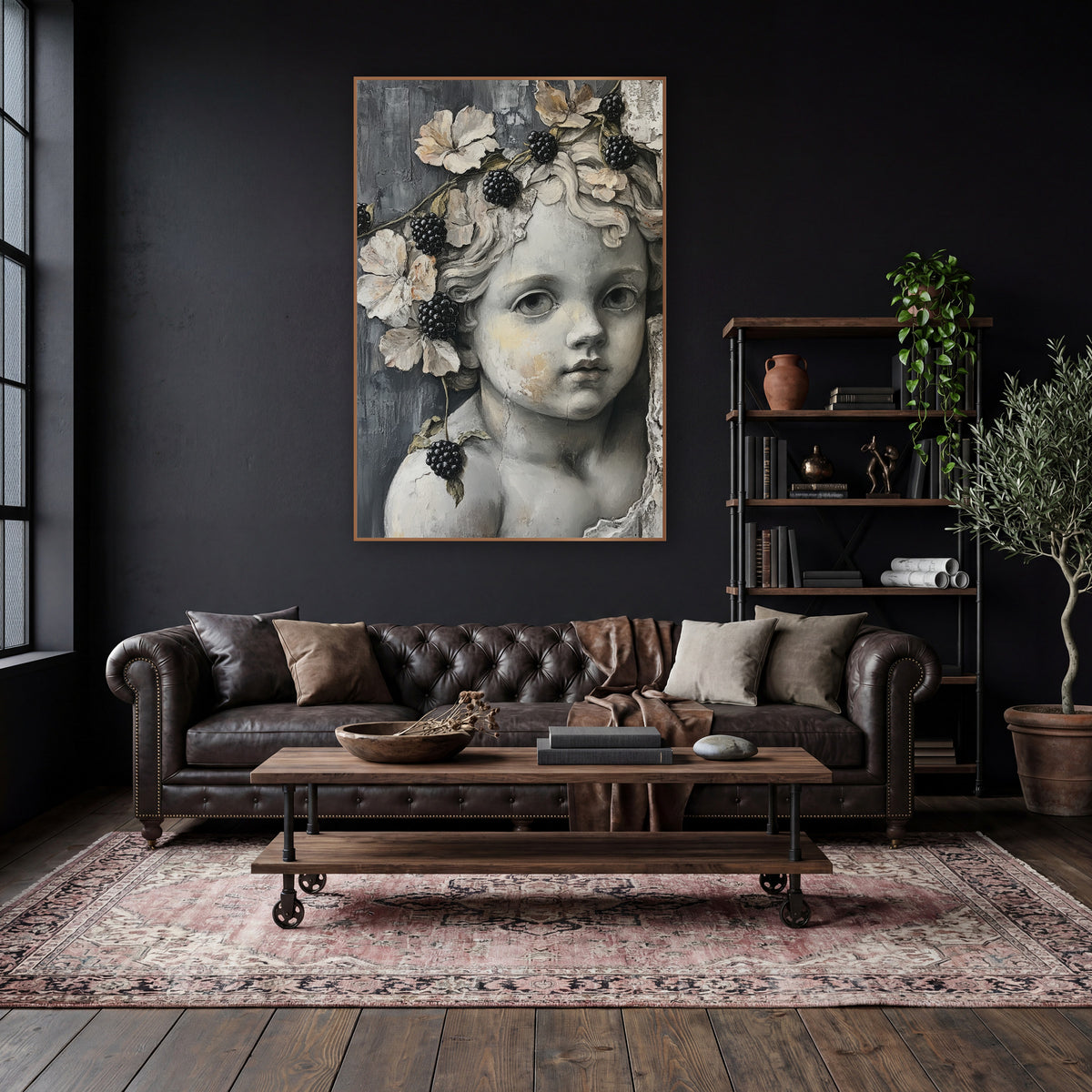 Cherub Blackberry Vine Dark Academia wall art in a moody dark academia room – gray cherub face with curly hair, black