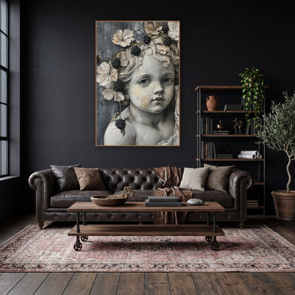 Cherub Blackberry Vine Dark Academia wall art in a moody dark academia room – gray cherub face with curly hair, black