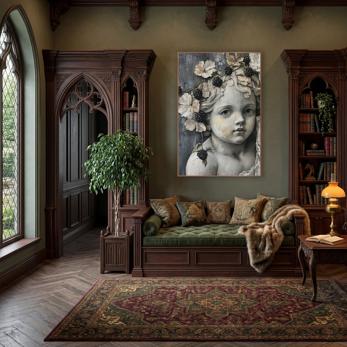 Cherub Blackberry Vine Dark Academia wall art in a moody dark academia room – gray cherub face with curly hair, black