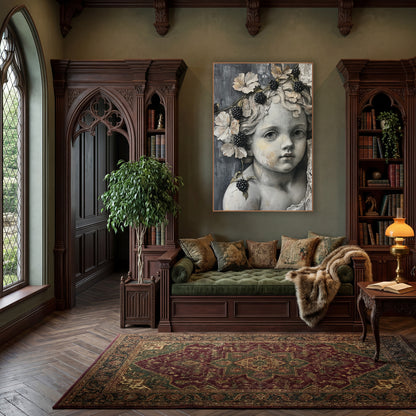 Cherub Blackberry Vine Dark Academia wall art in a moody dark academia room – gray cherub face with curly hair, black