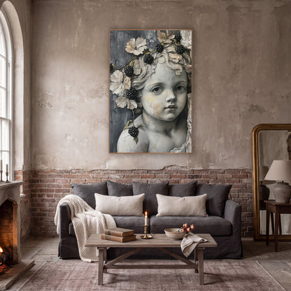 Cherub Blackberry Vine Dark Academia wall art in a moody dark academia room – gray cherub face with curly hair, black