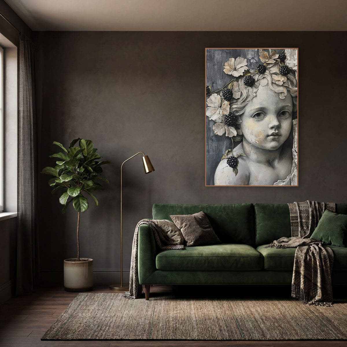Cherub Blackberry Vine Dark Academia wall art in a moody dark academia room – gray cherub face with curly hair, black