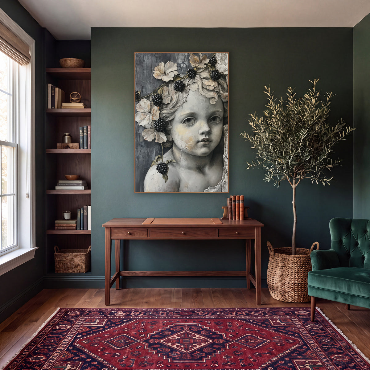 Cherub Blackberry Vine Dark Academia wall art in a moody dark academia room – gray cherub face with curly hair, black