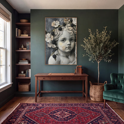 Cherub Blackberry Vine Dark Academia wall art in a moody dark academia room – gray cherub face with curly hair, black