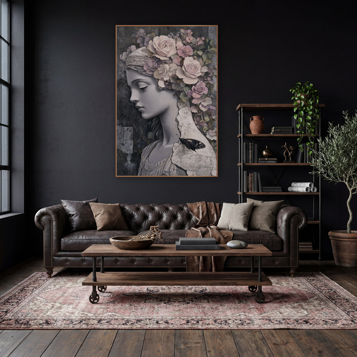 Pale Rose Marble Maiden Classical wall art in a moody dark academia room – gray stone maiden in profile with cream