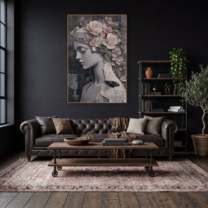 Pale Rose Marble Maiden Classical wall art in a moody dark academia room – gray stone maiden in profile with cream