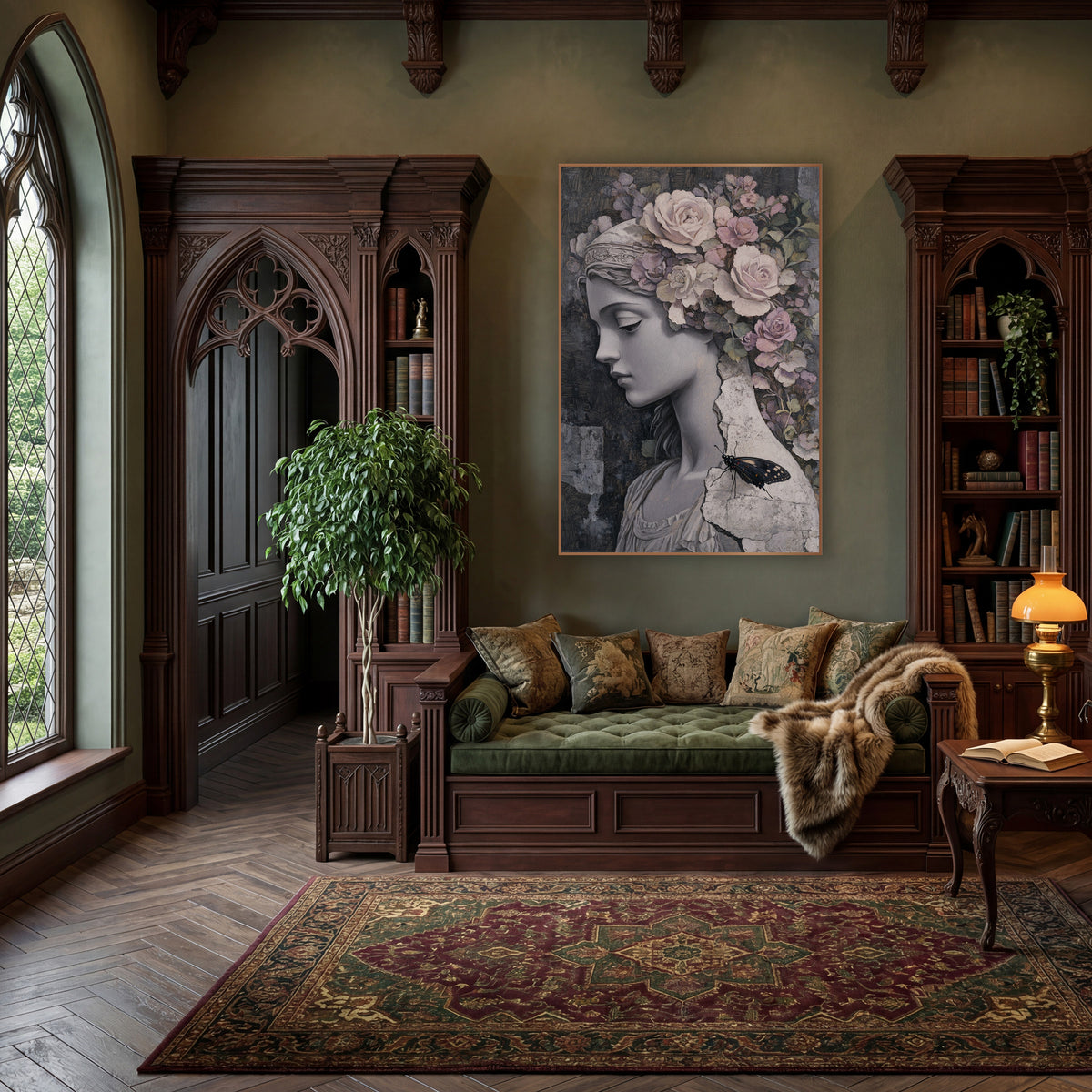 Pale Rose Marble Maiden Classical wall art in a moody dark academia room – gray stone maiden in profile with cream