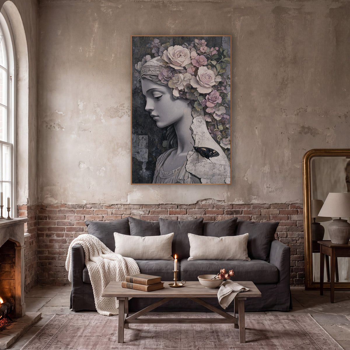 Pale Rose Marble Maiden Classical wall art in a moody dark academia room – gray stone maiden in profile with cream