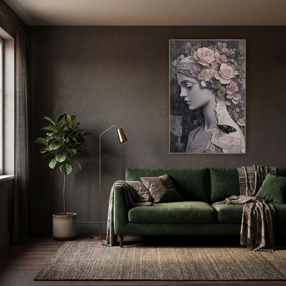 Pale Rose Marble Maiden Classical wall art in a moody dark academia room – gray stone maiden in profile with cream