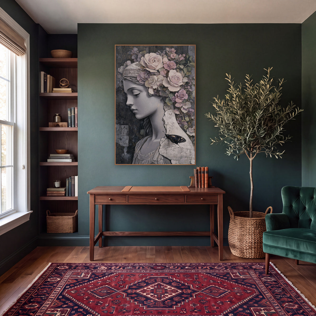 Pale Rose Marble Maiden Classical wall art in a moody dark academia room – gray stone maiden in profile with cream