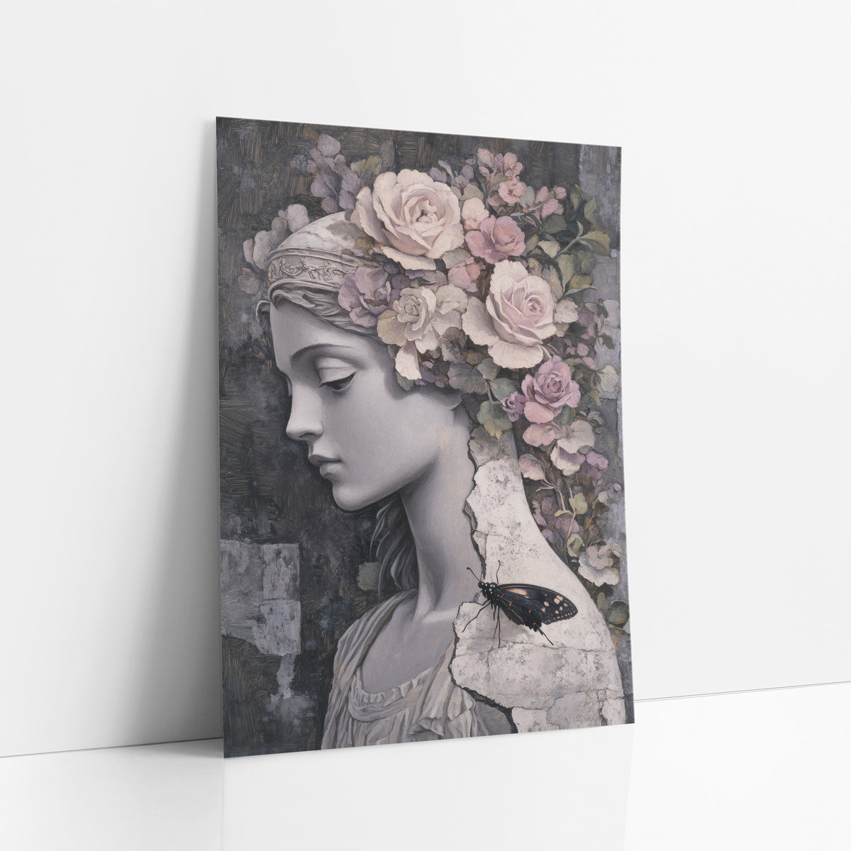 Pale Rose Marble Maiden Classical art print leaning against a white wall – gray stone maiden in profile with cream and mauve