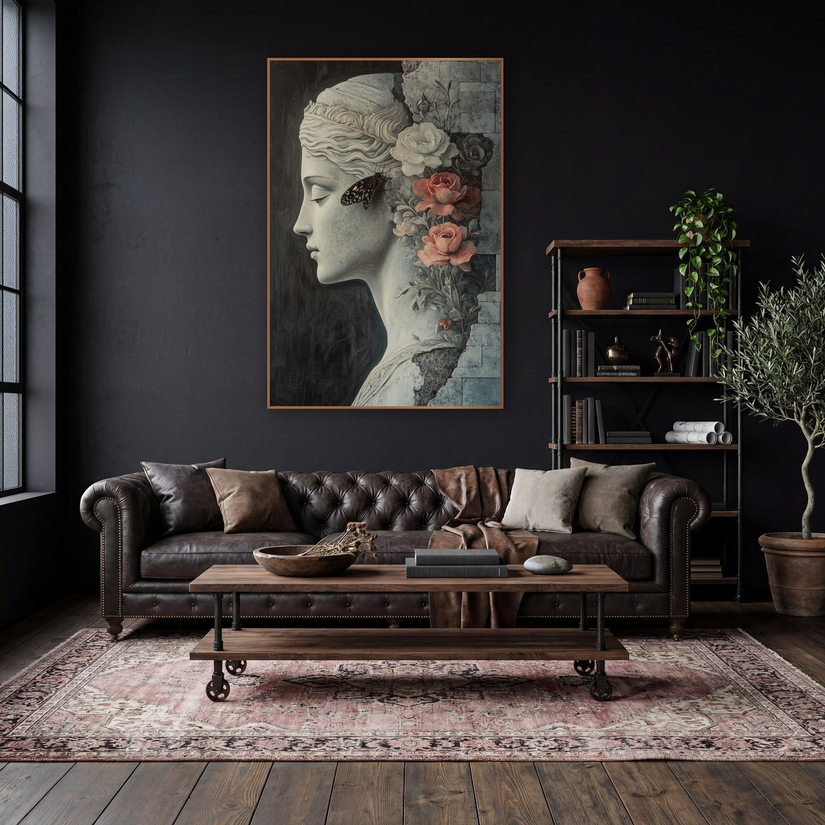 Classical Profile with Coral Roses wall art in a moody dark academia room – gray classical woman in profile