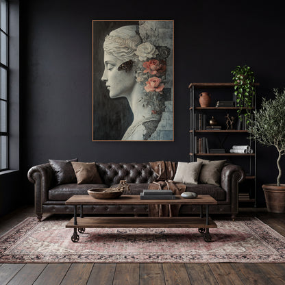 Classical Profile with Coral Roses wall art in a moody dark academia room – gray classical woman in profile