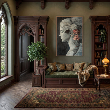 Classical Profile with Coral Roses wall art in a moody dark academia room – gray classical woman in profile