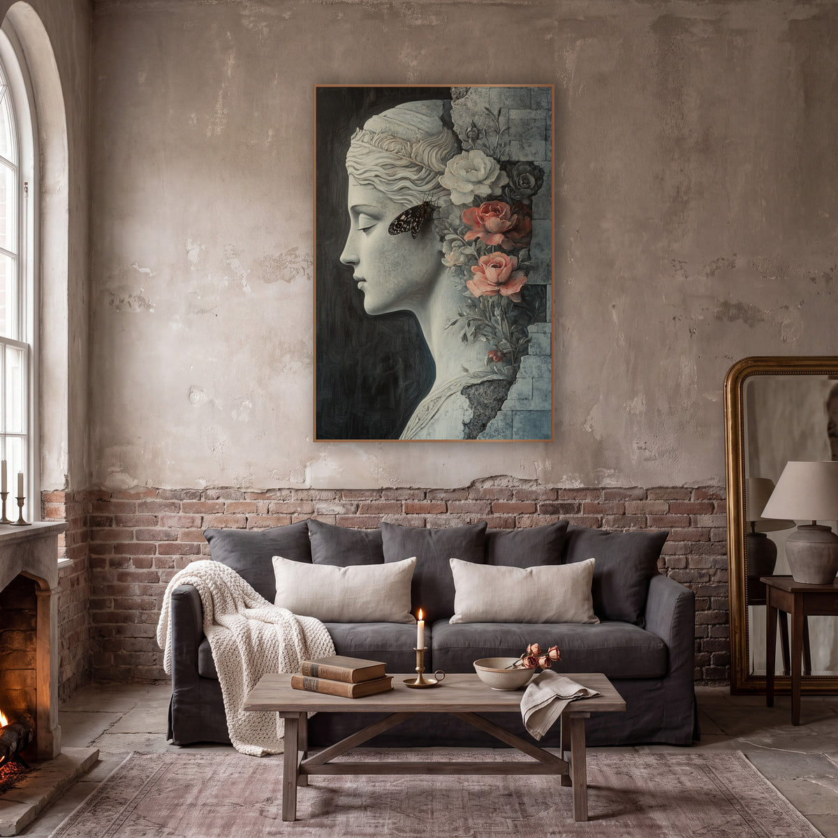 Classical Profile with Coral Roses wall art in a moody dark academia room – gray classical woman in profile