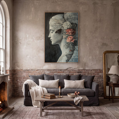 Classical Profile with Coral Roses wall art in a moody dark academia room – gray classical woman in profile