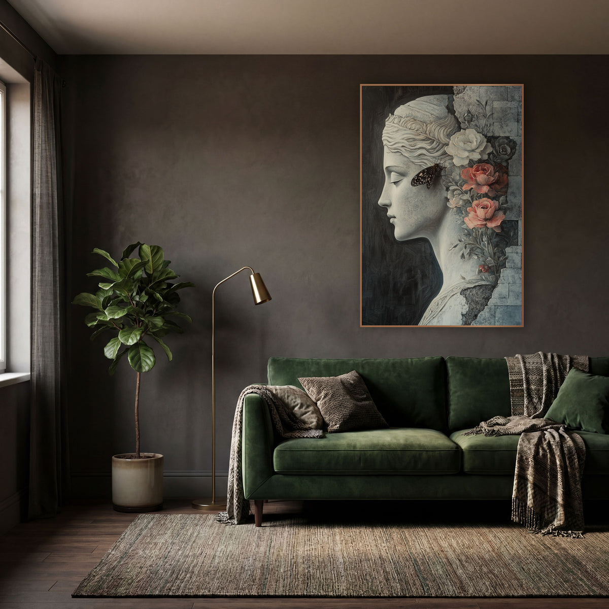 Classical Profile with Coral Roses wall art in a moody dark academia room – gray classical woman in profile
