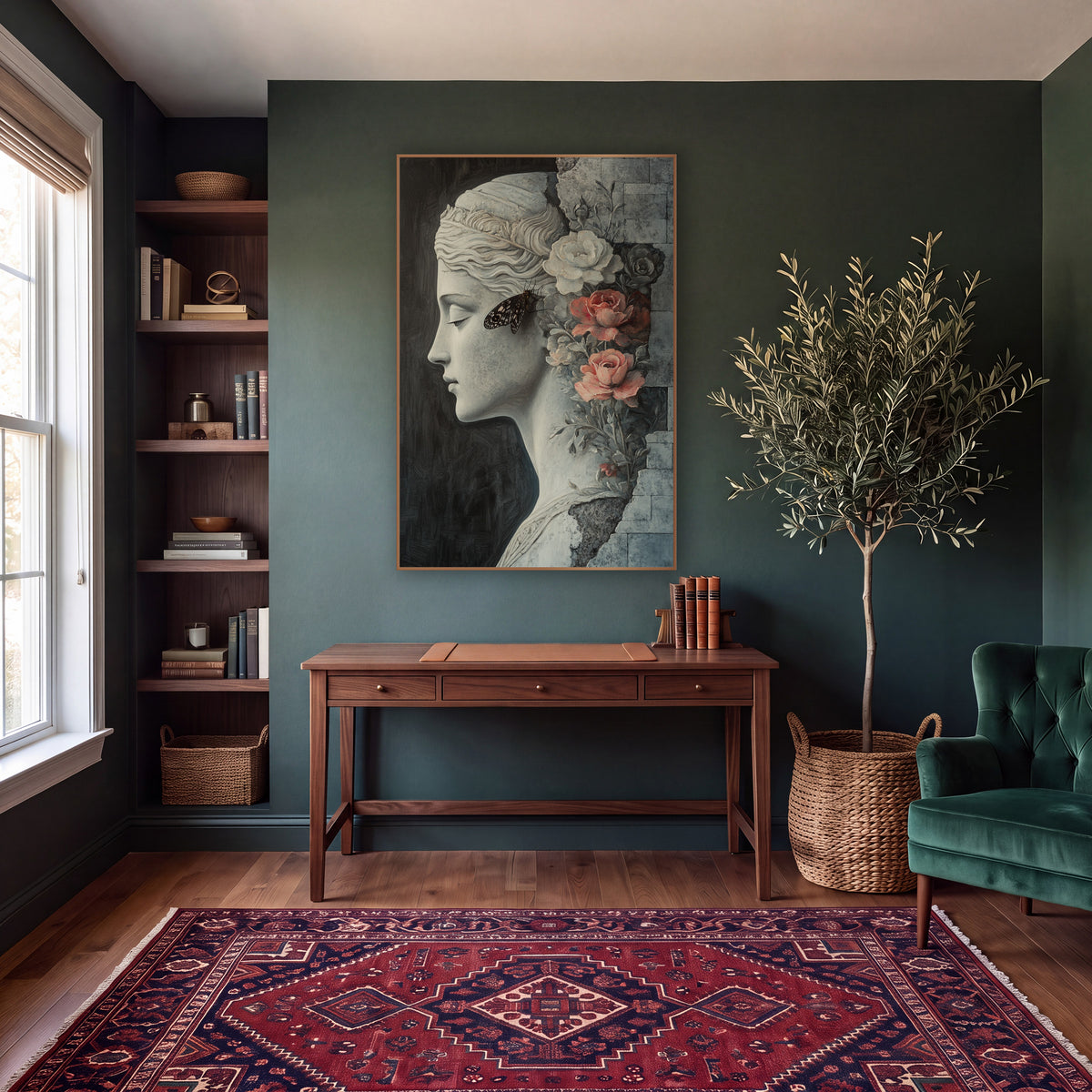 Classical Profile with Coral Roses wall art in a moody dark academia room – gray classical woman in profile