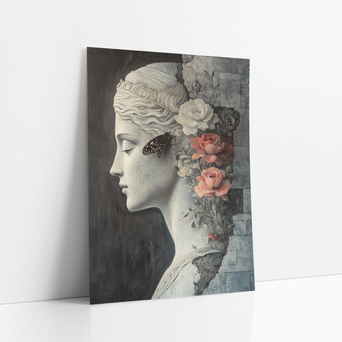 Classical Profile with Coral Roses art print leaning against a white wall – gray classical woman in profile with closed eyes