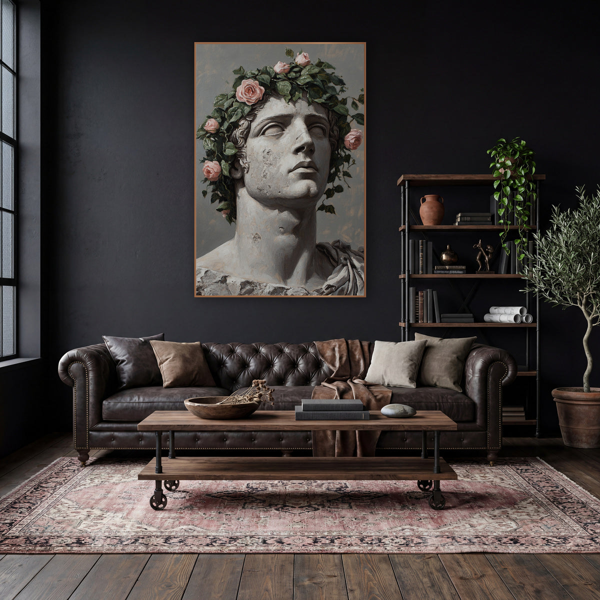 Upturned Gaze Pink Roses Classic wall art in a moody dark academia room – classical stone bust gazing upward, crowned