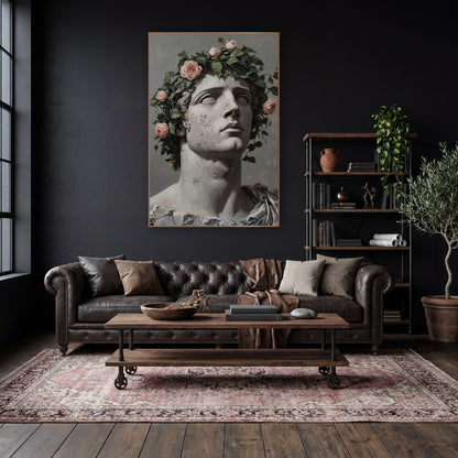 Upturned Gaze Pink Roses Classic wall art in a moody dark academia room – classical stone bust gazing upward, crowned
