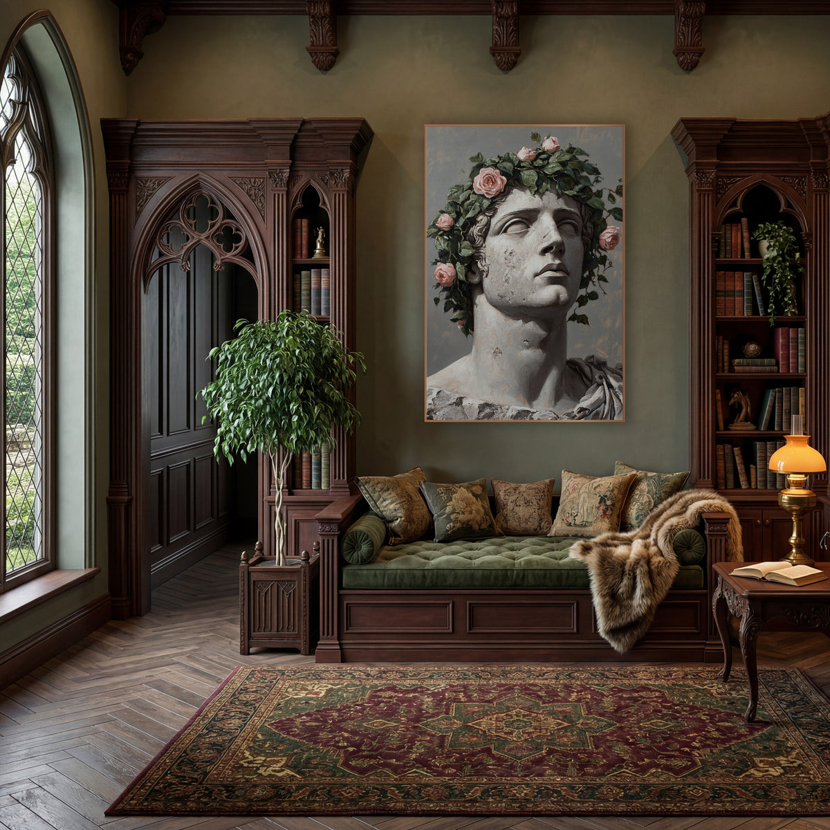 Upturned Gaze Pink Roses Classic wall art in a moody dark academia room – classical stone bust gazing upward, crowned