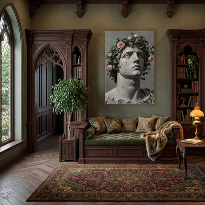 Upturned Gaze Pink Roses Classic wall art in a moody dark academia room – classical stone bust gazing upward, crowned
