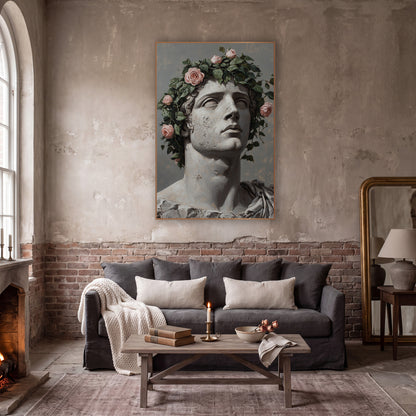 Upturned Gaze Pink Roses Classic wall art in a moody dark academia room – classical stone bust gazing upward, crowned