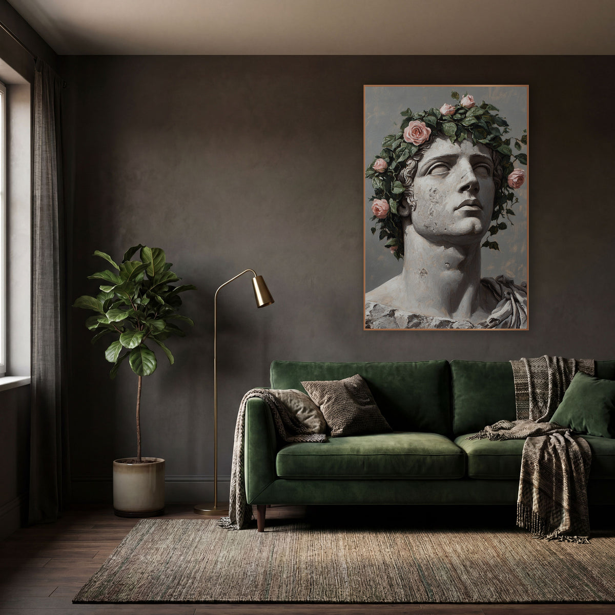 Upturned Gaze Pink Roses Classic wall art in a moody dark academia room – classical stone bust gazing upward, crowned