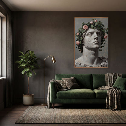 Upturned Gaze Pink Roses Classic wall art in a moody dark academia room – classical stone bust gazing upward, crowned
