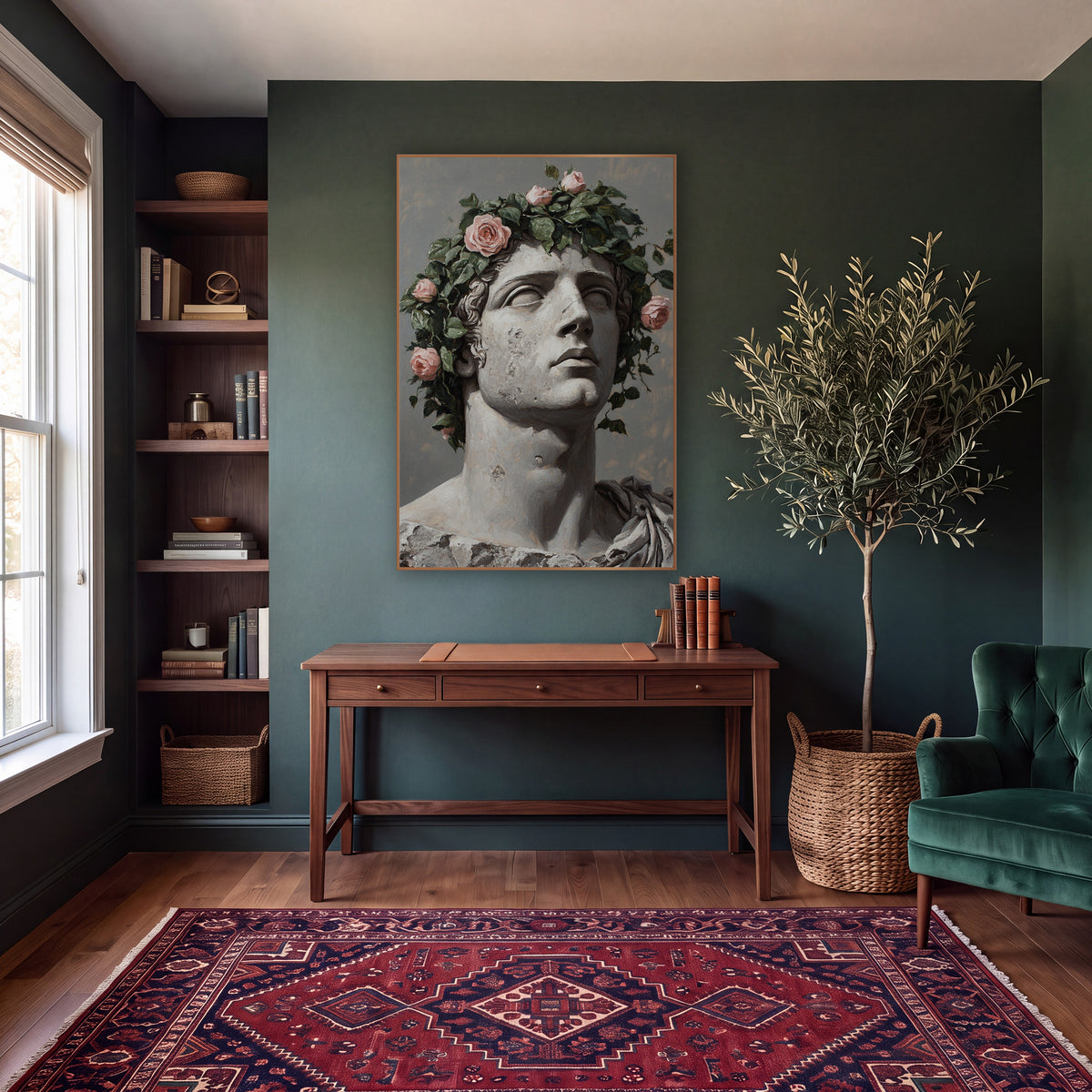 Upturned Gaze Pink Roses Classic wall art in a moody dark academia room – classical stone bust gazing upward, crowned
