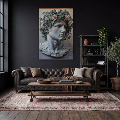 Classical Marble Bust Rose Crown wall art in a moody dark academia room – gray classical male bust with chipped