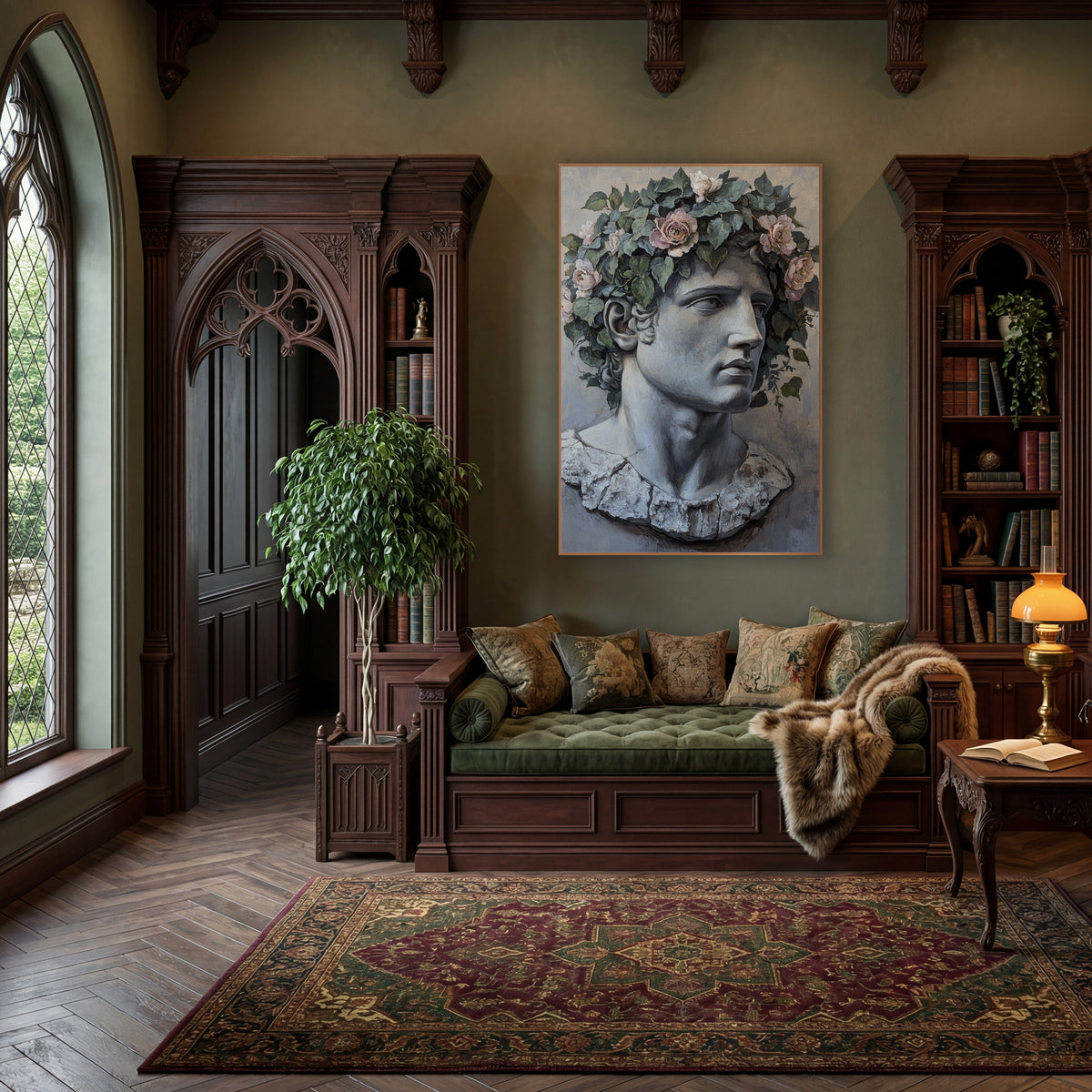 Classical Marble Bust Rose Crown wall art in a moody dark academia room – gray classical male bust with chipped