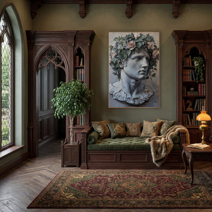 Classical Marble Bust Rose Crown wall art in a moody dark academia room – gray classical male bust with chipped