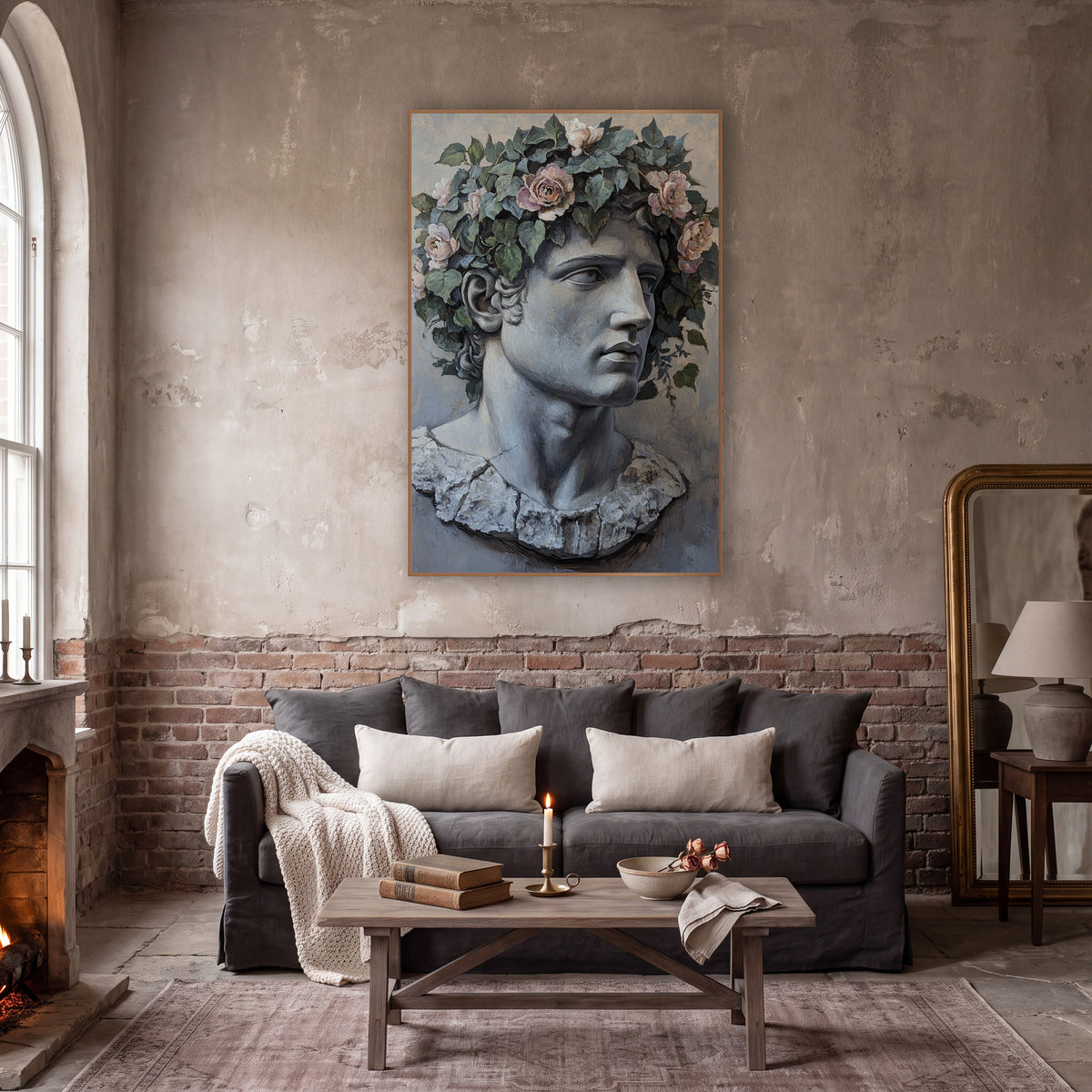 Classical Marble Bust Rose Crown wall art in a moody dark academia room – gray classical male bust with chipped