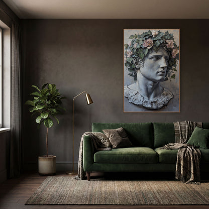 Classical Marble Bust Rose Crown wall art in a moody dark academia room – gray classical male bust with chipped