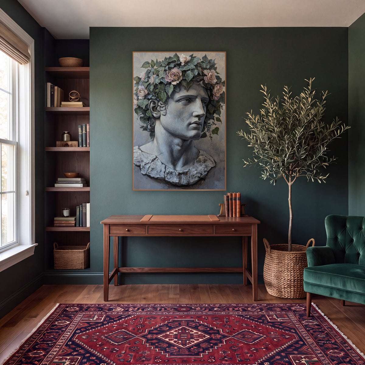 Classical Marble Bust Rose Crown wall art in a moody dark academia room – gray classical male bust with chipped