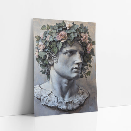 Classical Marble Bust Rose Crown art print leaning against a white wall – gray classical male bust with chipped shoulders