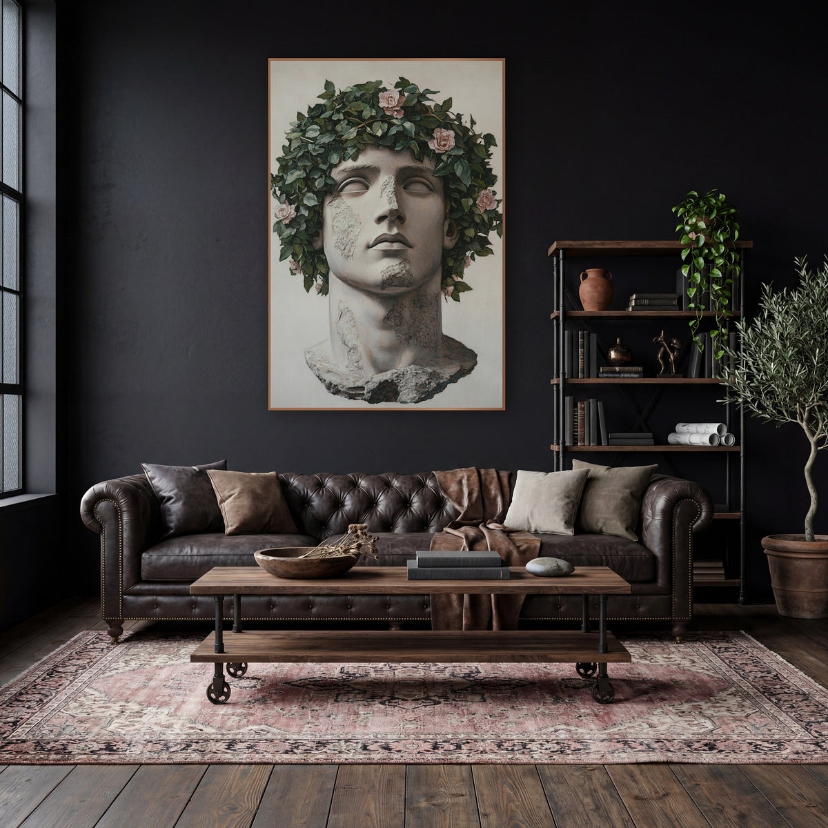 Ivy Crowned Classical Bust Portrait wall art in a moody dark academia room – classical stone head with closed eyes
